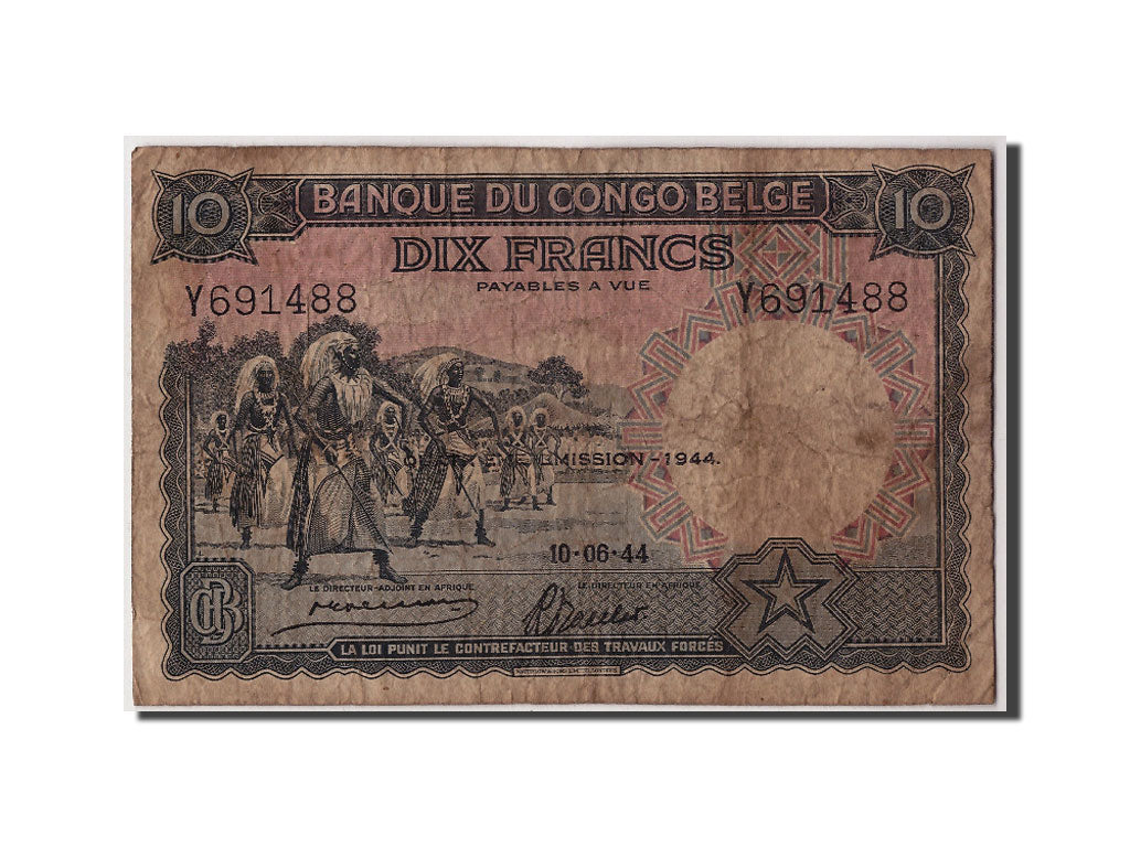 Congo Belge, 10 Francs type 1941-50, Quatrième Émission - 1944