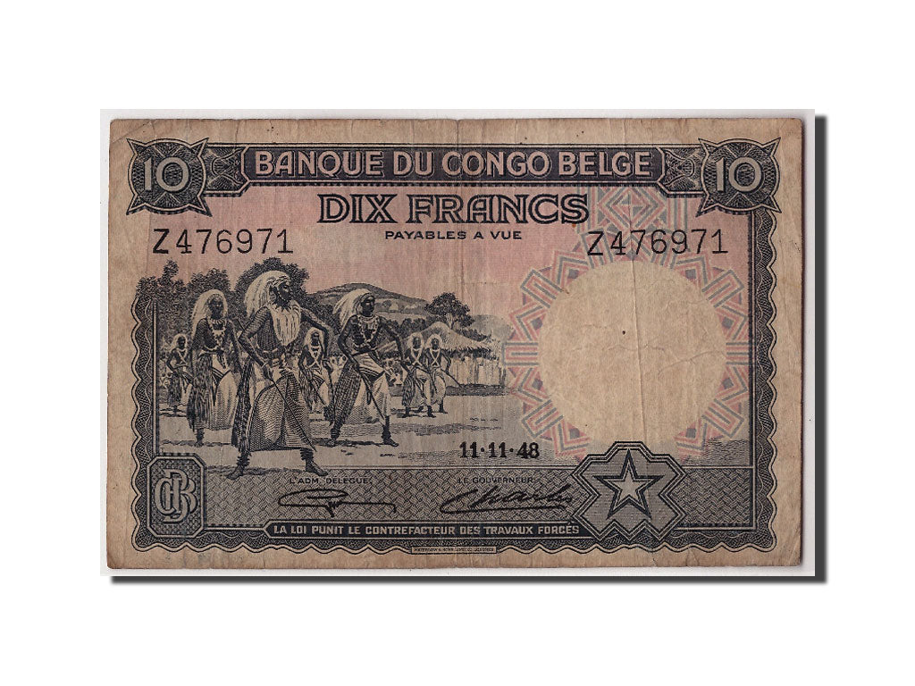 Banknote, Belgian Congo, 10 Francs, 1948, 1948-11-11, EF(40-45)