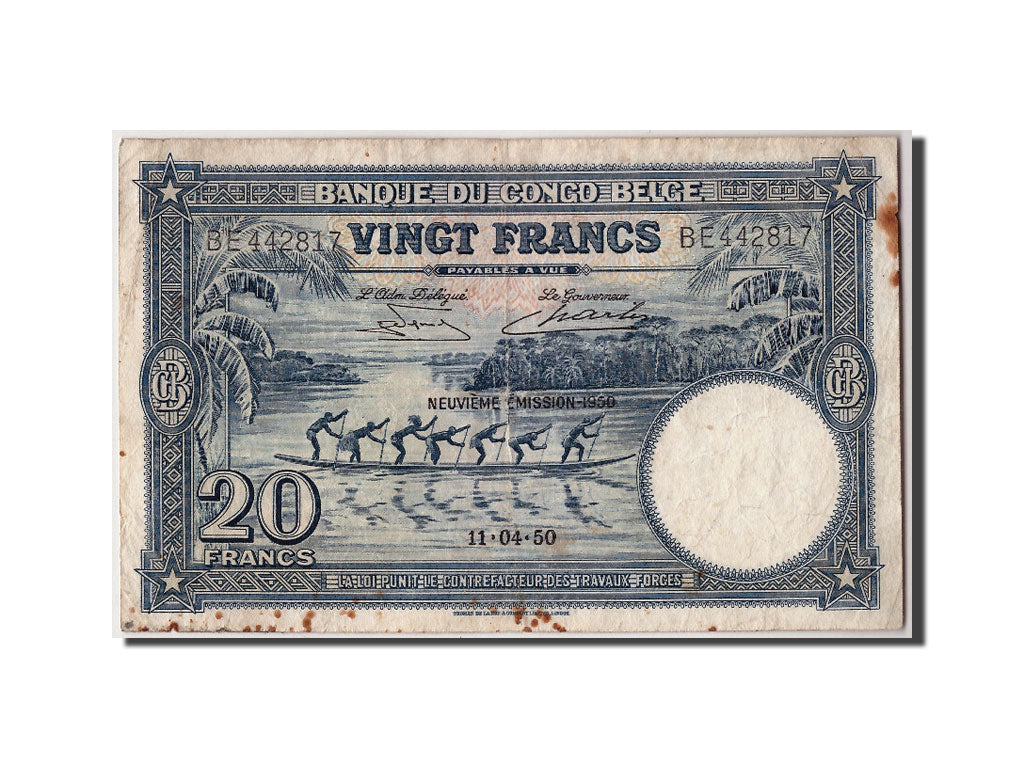 Belgian Congo, 20 Francs, 1950, KM #15H, 1950-04-11, VF(30-35), BE442817