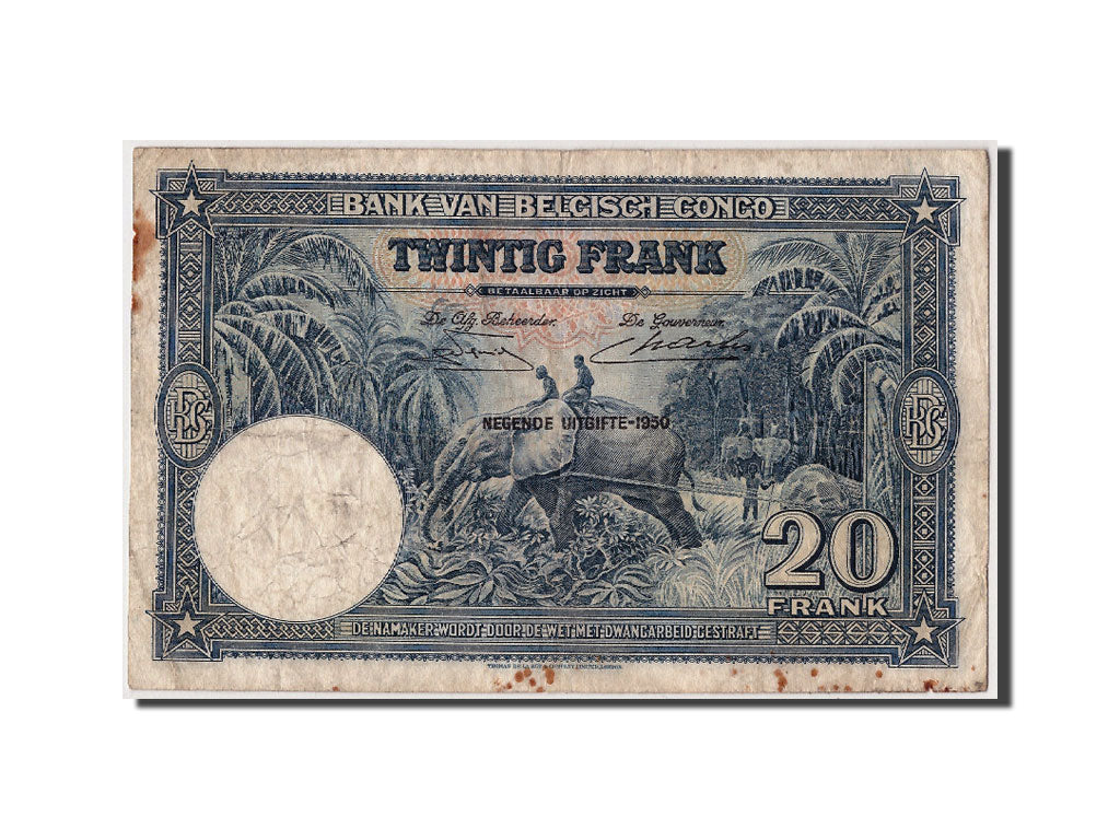 Belgian Congo, 20 Francs, 1950, KM #15H, 1950-04-11, VF(30-35), BE442817