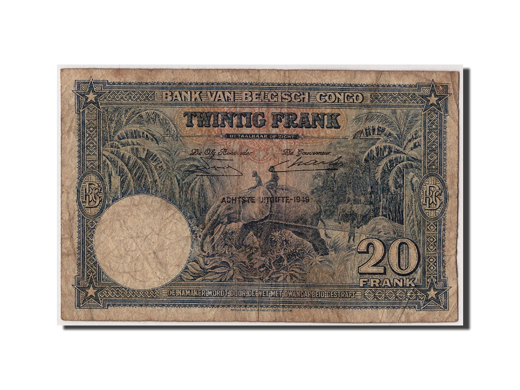 Banknote, Belgian Congo, 20 Francs, 1949, 1950-05-18, VF(20-25)