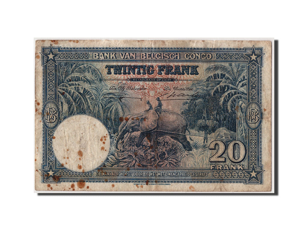 Belgian Congo, 20 Francs, 1946, KM #15E, 1946-04-10, VF(20-25), V726339