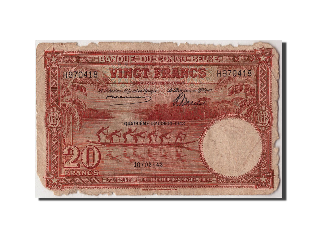 Banknote, Belgian Congo, 20 Francs, 1943, 1943-03-10, F(12-15)