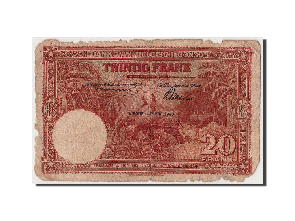 Banknote, Belgian Congo, 20 Francs, 1943, 1943-03-10, F(12-15)