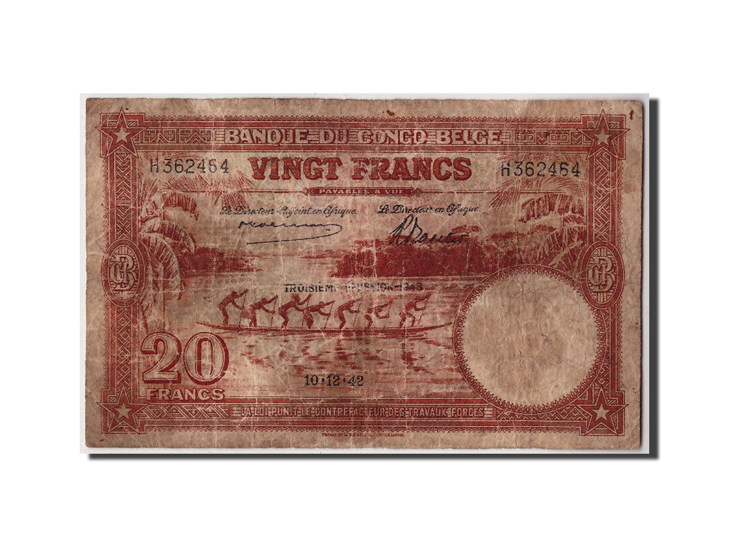 Belgian Congo, 20 Francs, 1942, KM #15B, 1942-12-10, F(12-15), H362464