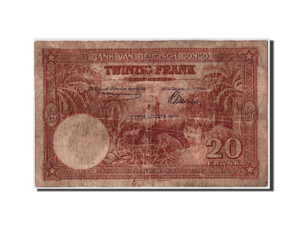 Belgian Congo, 20 Francs, 1942, KM #15B, 1942-12-10, F(12-15), H362464