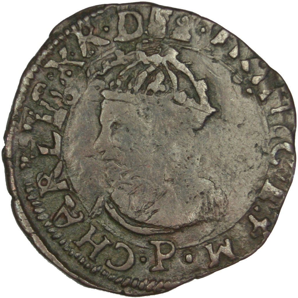 Moneta, Francia, Double Tournois, 1593, Dijon, MB+, Rame, CGKL:146