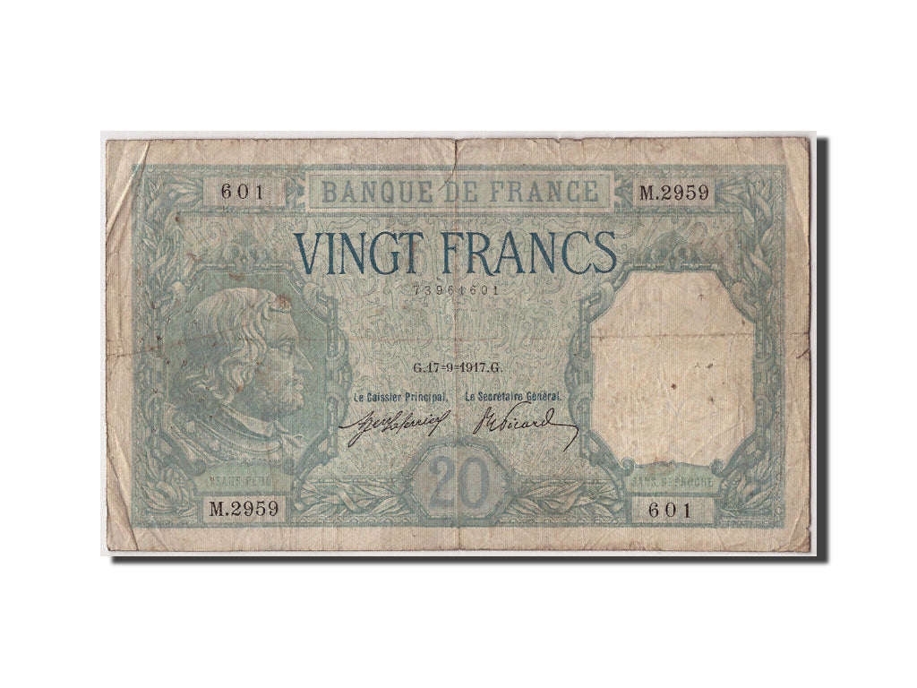 France, 20 Francs, 20 F 1916-1919 ''Bayard'', 1917, KM #74, 1917-09-17,...