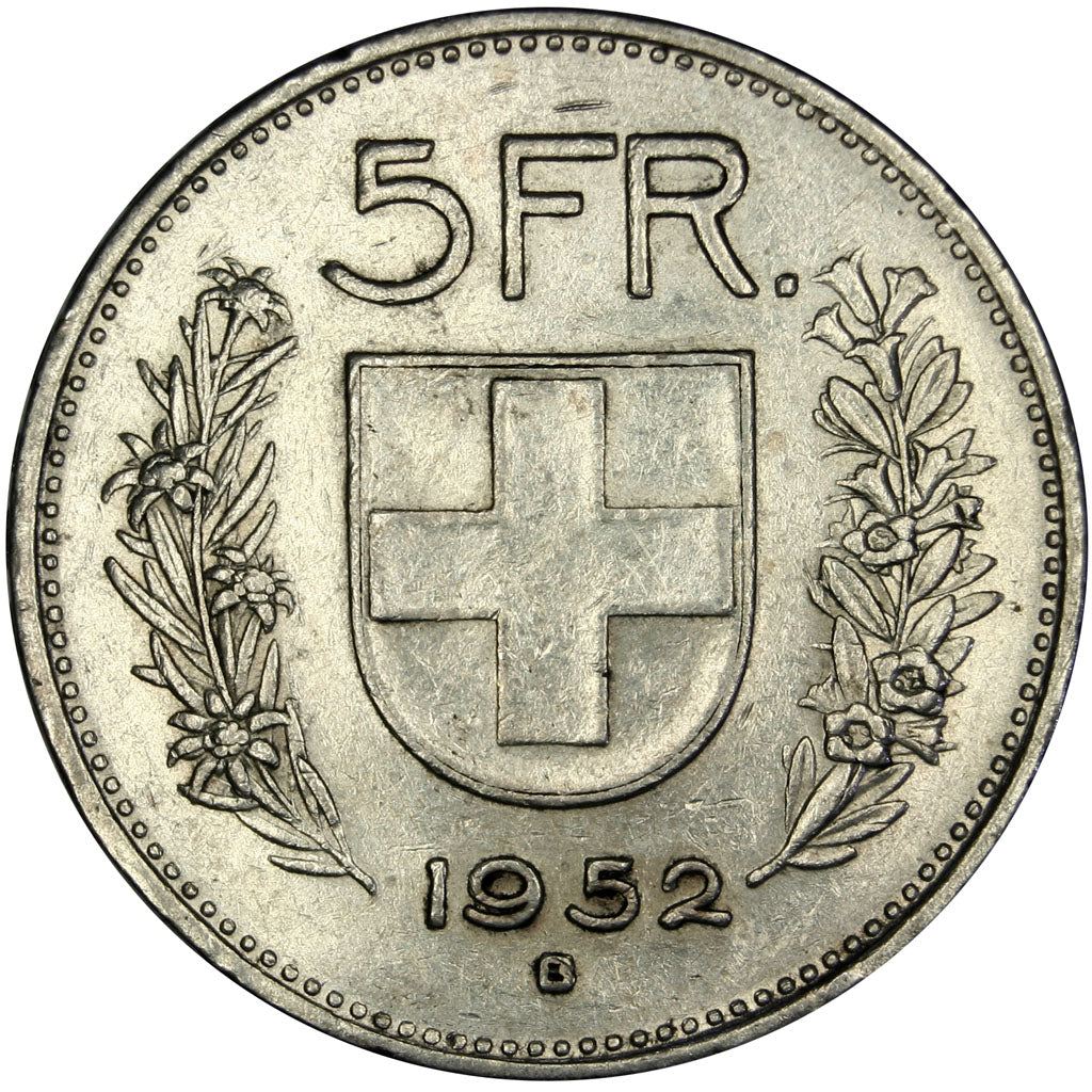 SWITZERLAND, 5 Francs, 1952, Bern, KM #40, AU(50-53), Silver, 31.45, 14.87