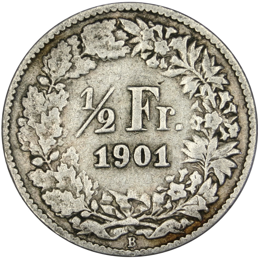 SWITZERLAND, 1/2 Franc, 1901, Bern, KM #23, VF(20-25), Silver, 18.2, 2.40