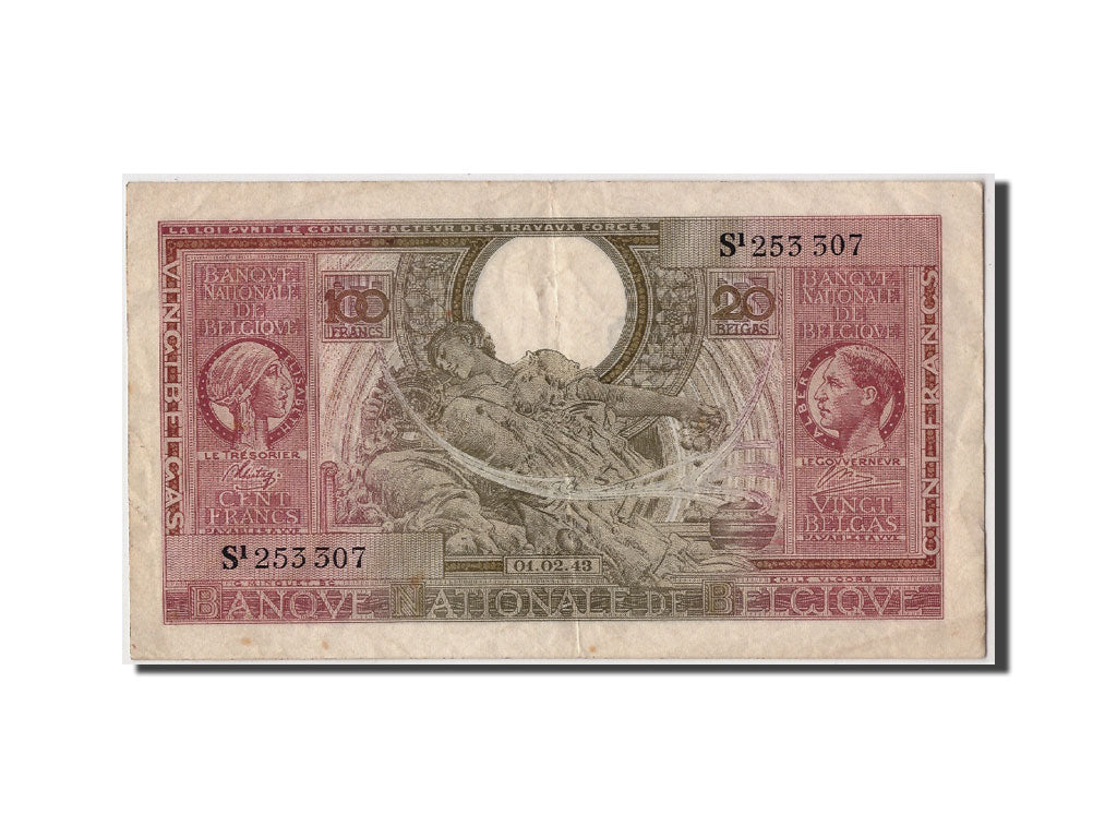 Banknote, Belgium, 100 Francs-20 Belgas, 1943, 1943-02-01, VF(30-35)