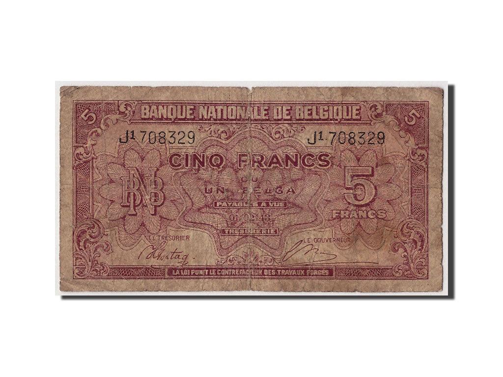 Banknote, Belgium, 5 Francs-1 Belga, 1943, 1943-02-01, VG(8-10)