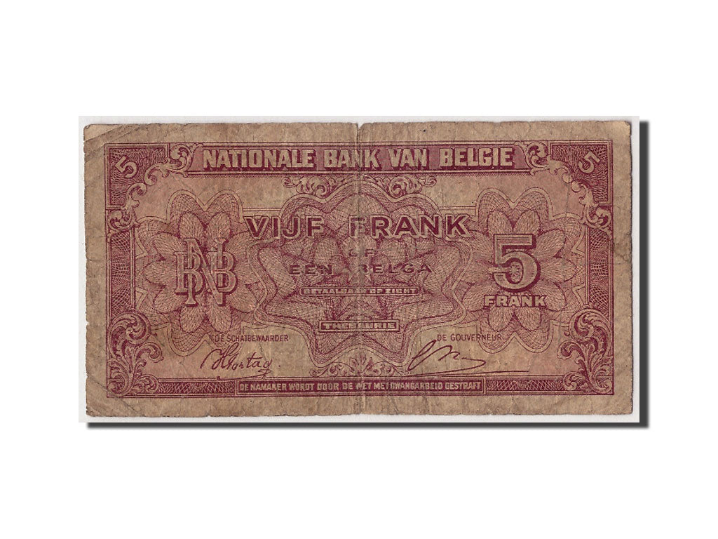 Banknote, Belgium, 5 Francs-1 Belga, 1943, 1943-02-01, VG(8-10)