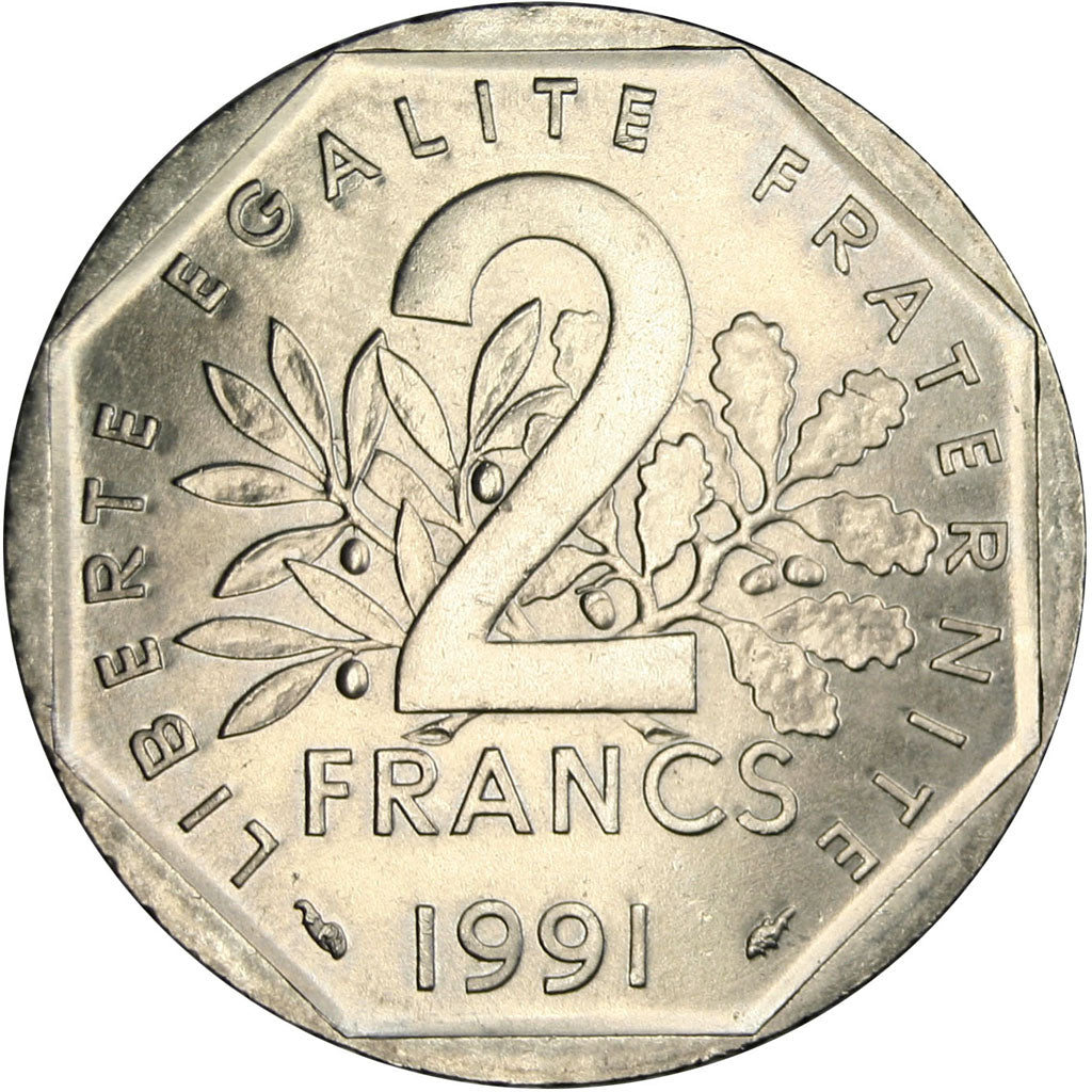 FRANCE, Semeuse, 2 Francs, 1991, KM #942.1, MS(60-62), Nickel, 26.5, Gadoury...