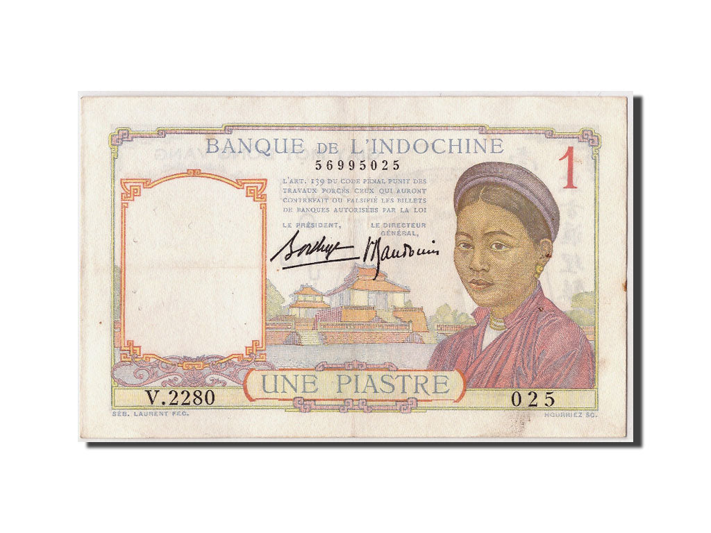 French Indo-China, 1 Piastre, 1936, KM #54b, AU(50-53), V.2280 52479