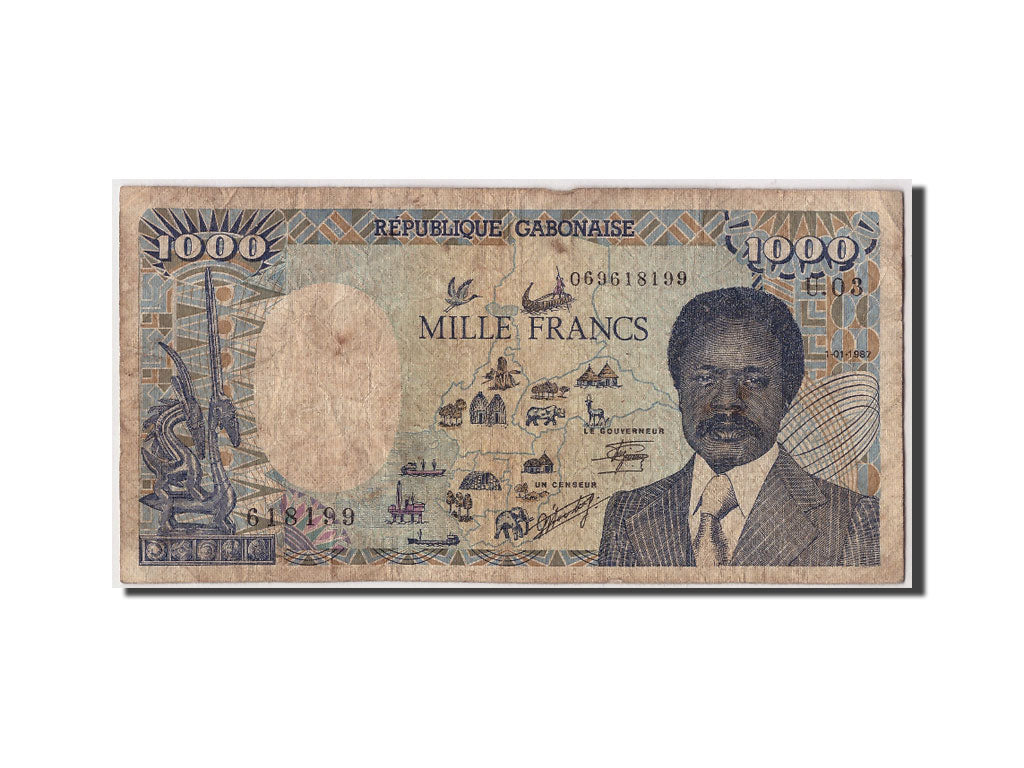 Gabon, 1000 Francs, 1986, KM #10a, 1987-01-01, F(12-15), U.03 618199