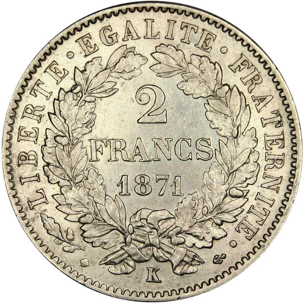 FRANCE, Cérès, 2 Francs, 1871, Bordeaux, KM #816.2, AU(55-58), Silver, Gadoury #