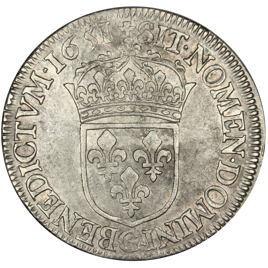 FRANCE, 1/2 Écu à la mèche longue, 1/2 ECU, 1651, Poitiers, KM #164.8, EF(40-45)