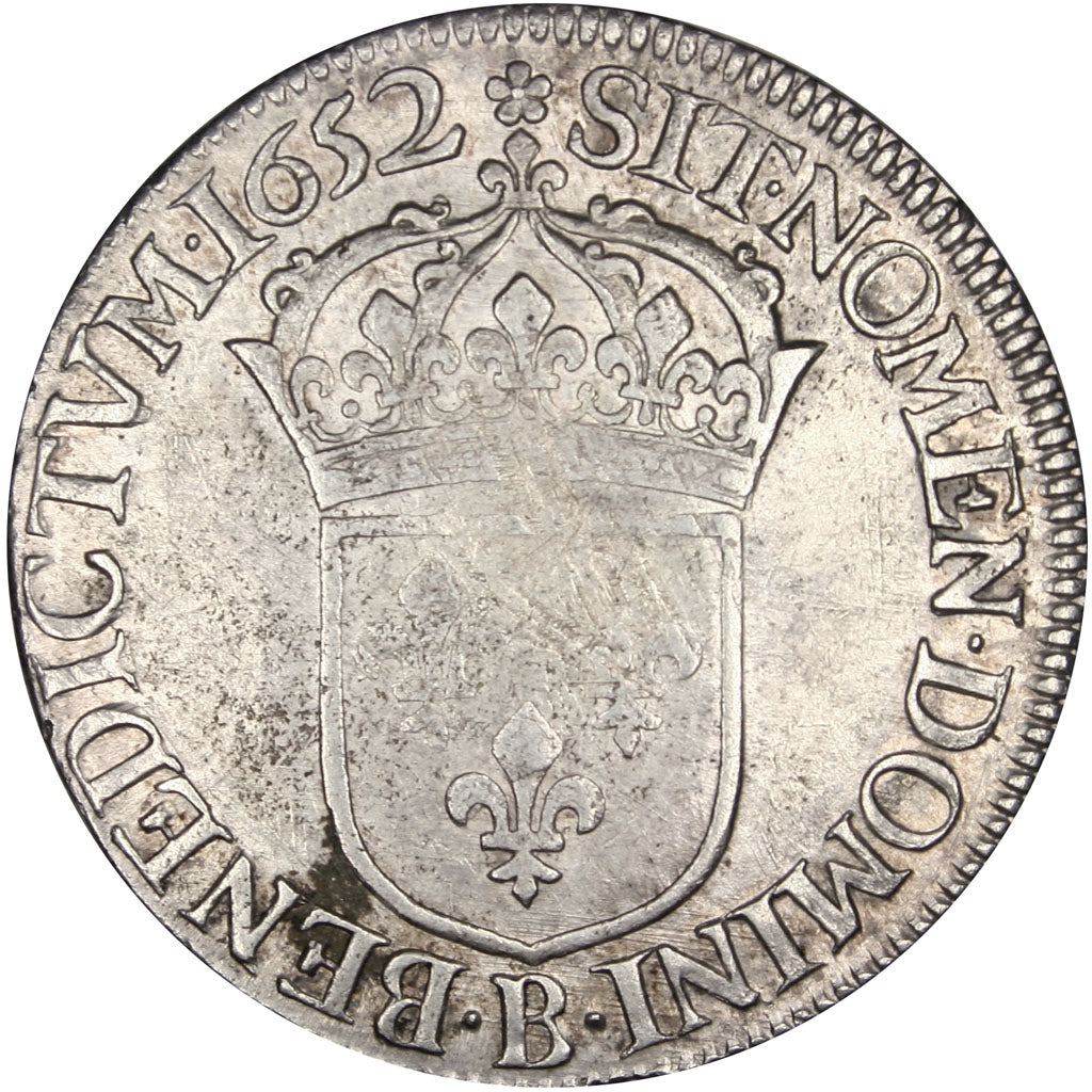 FRANCE, Écu à la mèche longue, ECU, 1652, Rouen, KM #155.2, VF(30-35), Silver, G