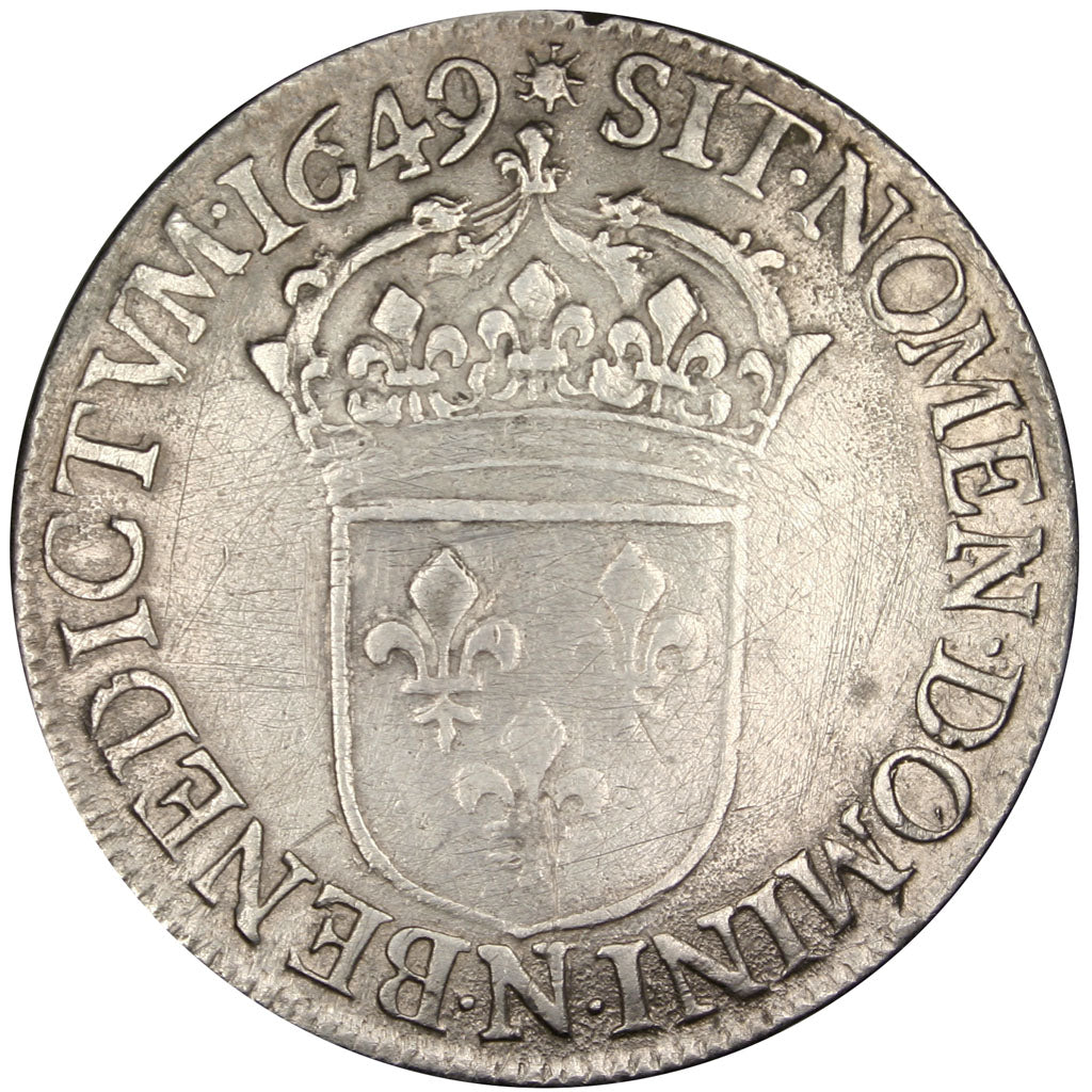 FRANCE, Écu à la mèche longue, ECU, 1649, Montpellier, KM #155.12, EF(40-45), Si