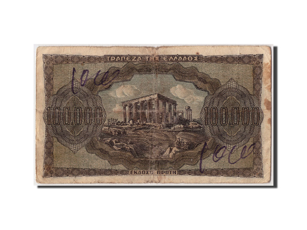 Greece, 100,000 Drachmai, 1944, KM #125a, 1944-01-21, F(12-15), Alpha Delta...