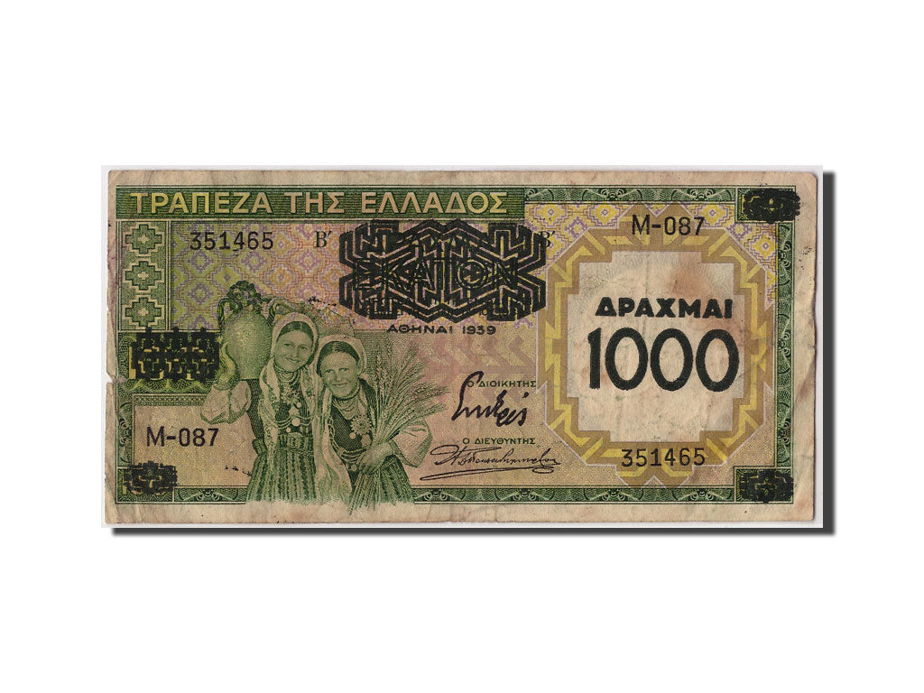 Greece, 1000 Drachmai on 100 Drachmai, 1939, KM #111a, VF(30-35), M-087 351465