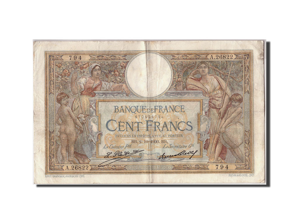 Banknote, France, 100 Francs, 100 F 1908-1939 ''Luc Olivier Merson'', 1930