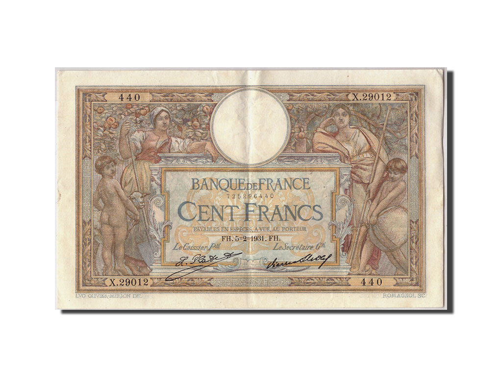 Billete, Francia, 100 Francs, 100 F 1908-1939 ''Luc Olivier Merson'', 1931