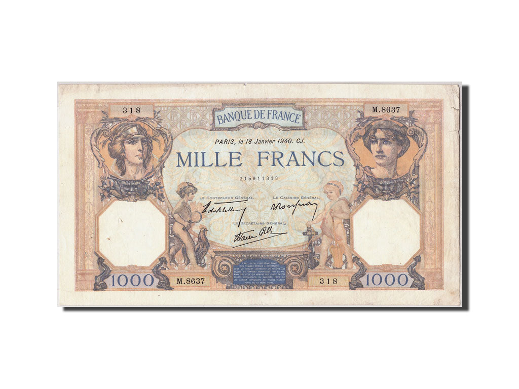 France, 1000 Francs, 1 000 F 1927-1940 ''Cérès et Mercure'', 1940, KM #90c, 1...