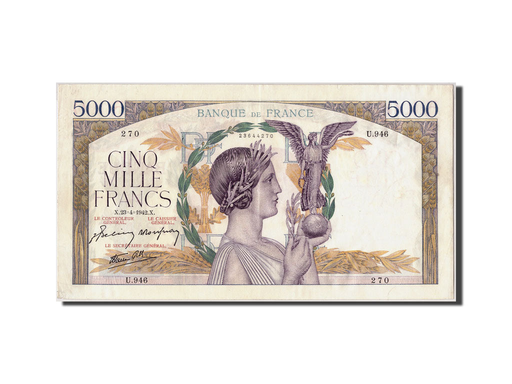 France, 5000 Francs, 5 000 F 1934-1944 ''Victoire'', 1942, KM #97c, 1942-04-23,.