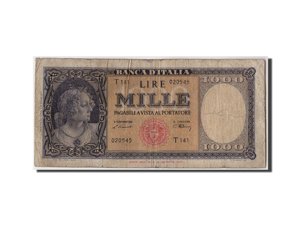 Italy, 1000 Lire, 1947, KM #83, 1947-03-20, VF(20-25), T141 020545