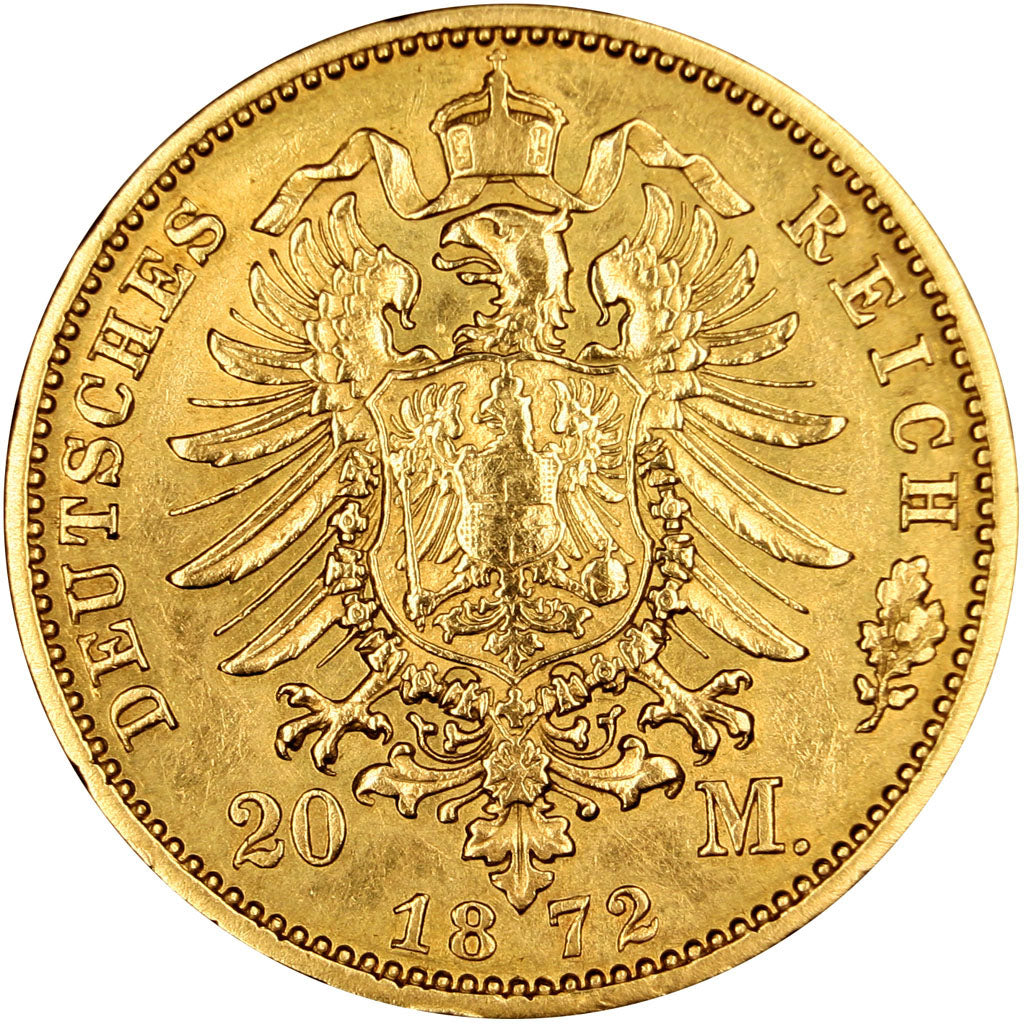 GERMAN STATES, 20 Mark, 1872, Berlin, KM #501, AU(50-53), Gold, 7.90