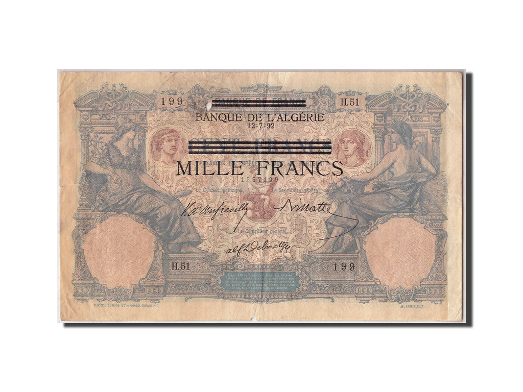 Banknote, Tunisia, 1000 Francs on 100 Francs, 1892-07-12, EF(40-45)