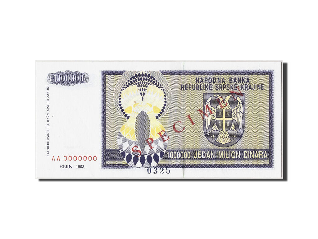 Croatia, 1 Million Dinara, 1993, KM:R10s, UNC(65-70), AA0000000, Specimen