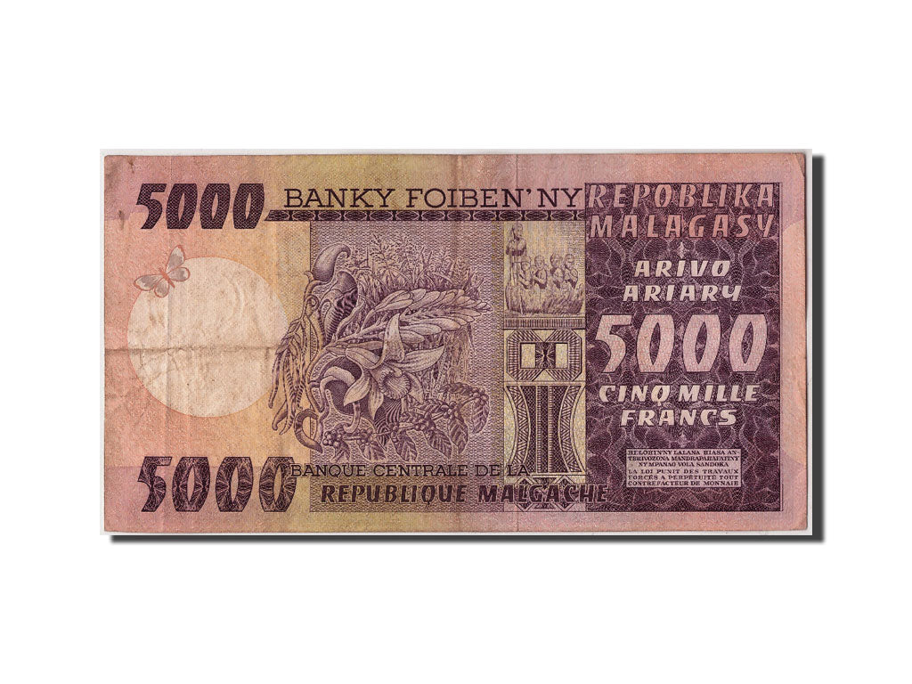 Madagascar, 5000 Francs = 1000 Ariary, Undated, KM:66a, Undated, VF(20-25), A...