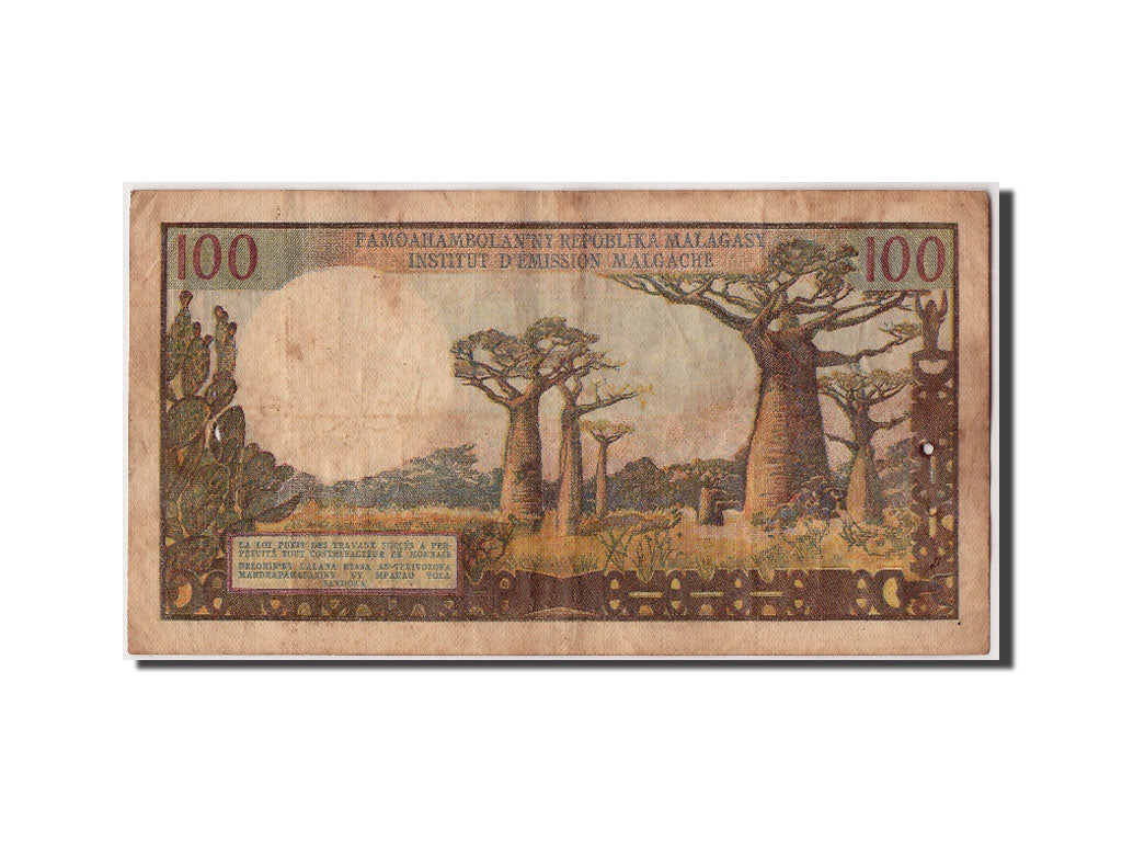 Madagascar, 100 Francs =  20 Ariary, Undated (1966), KM:57a, Undated, VF(20-2...