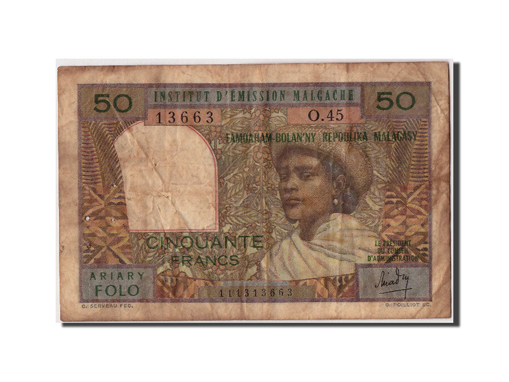 Madagascar, 50 Francs = 10 Ariary, undated (1969), KM:61, Undated, B+, O.45