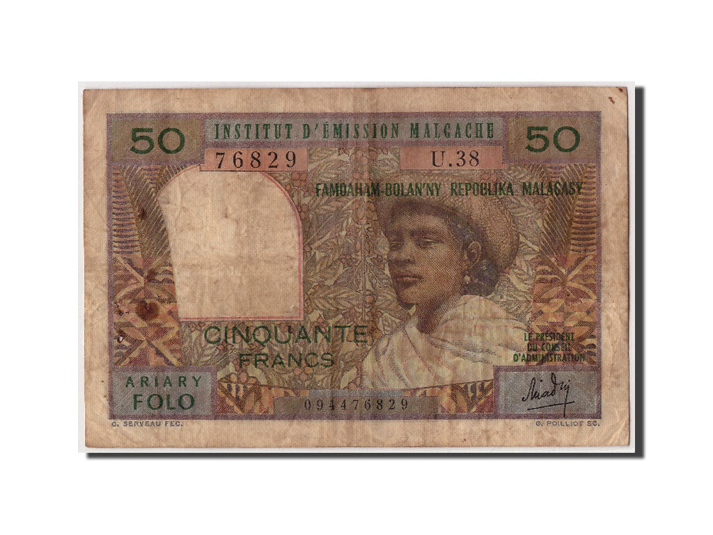 Madagascar, 50 Francs = 10 Ariary, undated (1969), Undated, KM:61, VF(20-25),...
