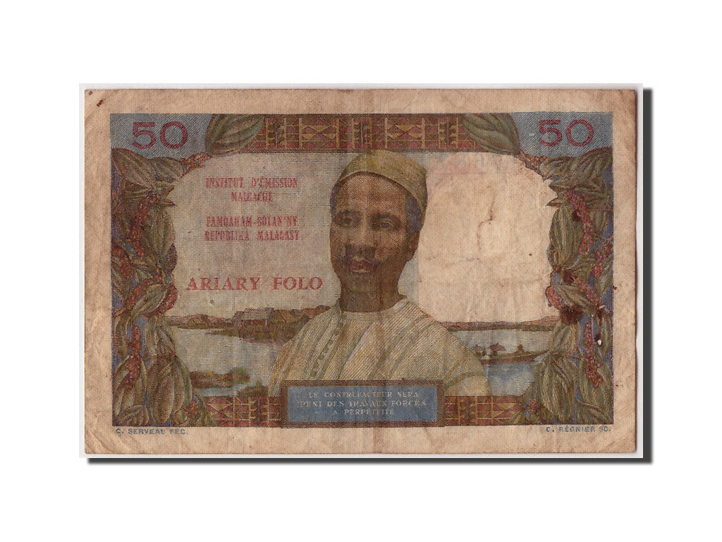 Madagascar, 50 Francs = 10 Ariary, undated (1969), Undated, KM:61, VF(20-25),...