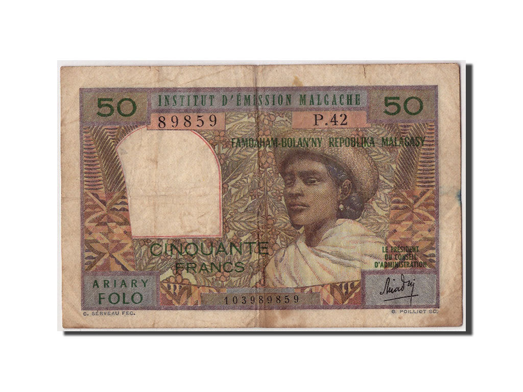 Madagascar, 50 Francs = 10 Ariary, undated (1969), Undated, KM:61, VF(30-35),...