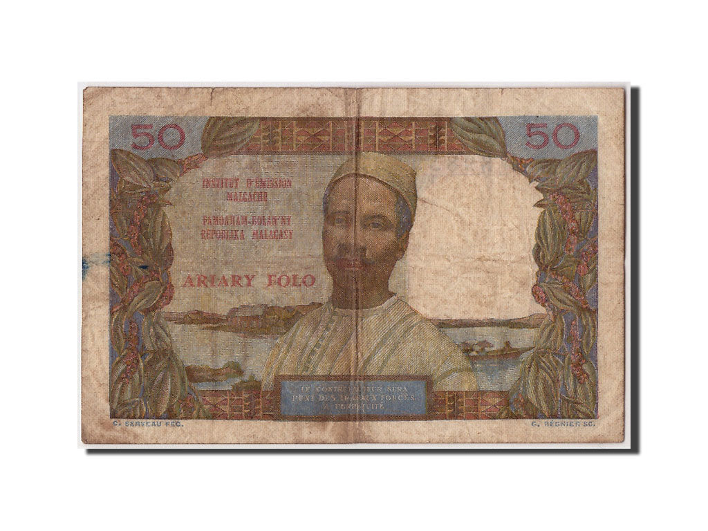 Madagascar, 50 Francs = 10 Ariary, undated (1969), Undated, KM:61, VF(30-35),...