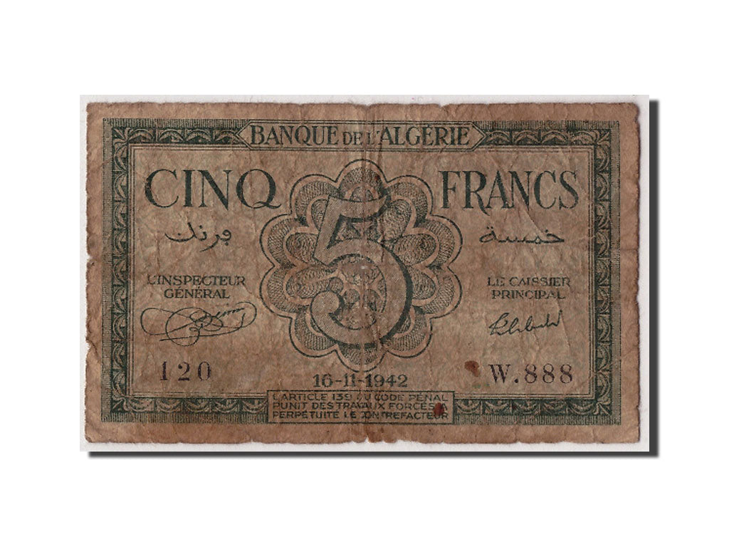 Algeria, 5 Francs, 1942, 1942-11-16, KM:91, VG(8-10)