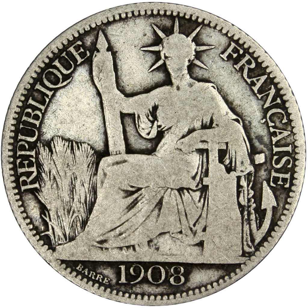 Indochine, 20 Cent, 1908, Paris, VF(20-25), Silver, Lecompte #207, 5.22