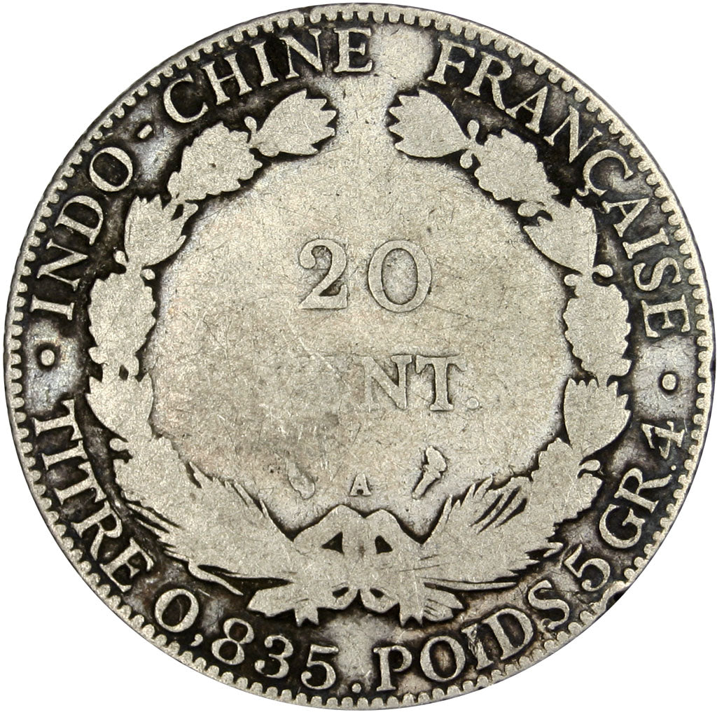 Indochine, 20 Cent, 1908, Paris, VF(20-25), Silver, Lecompte #207, 5.22