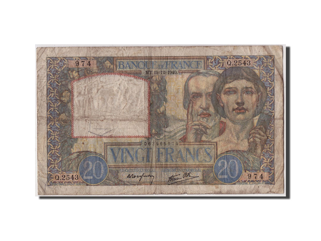 France, 20 Francs, 20 F 1939-1942 ''Science et Travail'', 1940, KM:92b, 1940-...