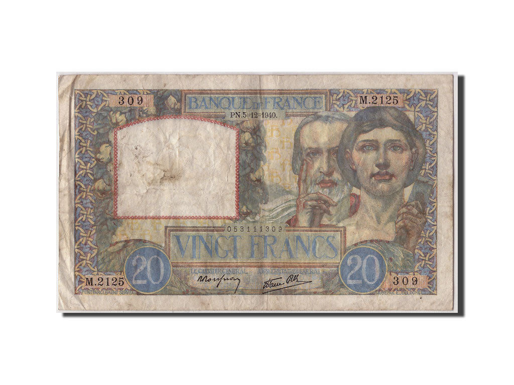 Banknote, France, 20 Francs, 20 F 1939-1942 ''Science et Travail'', 1940