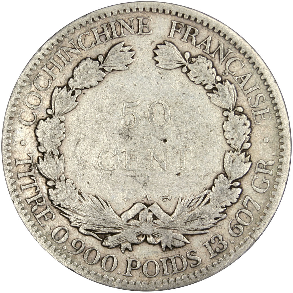 Cochinchine, 50 Cent, 1879, Paris, VF(30-35), Silver, Lecompte #25, 13.56
