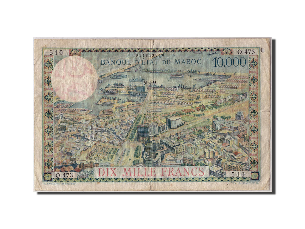 Morocco, 100 Dirhams on 10,000 Francs, 1955, 1955-04-28, KM:52, VF(20-25)