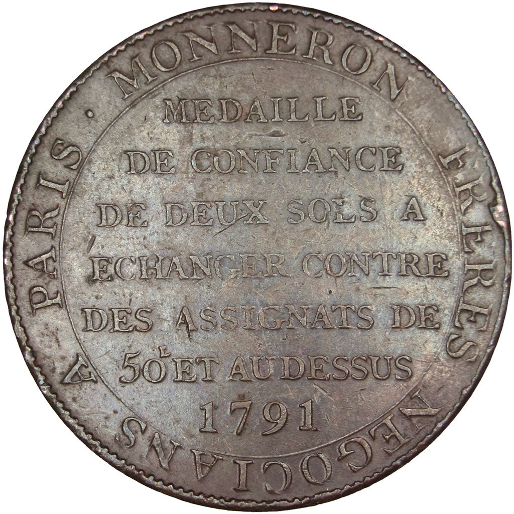 FRANCE, 2 Sols, 1791, KM #Tn23, AU(50-53), Bronze, Brandon #217, 17.17