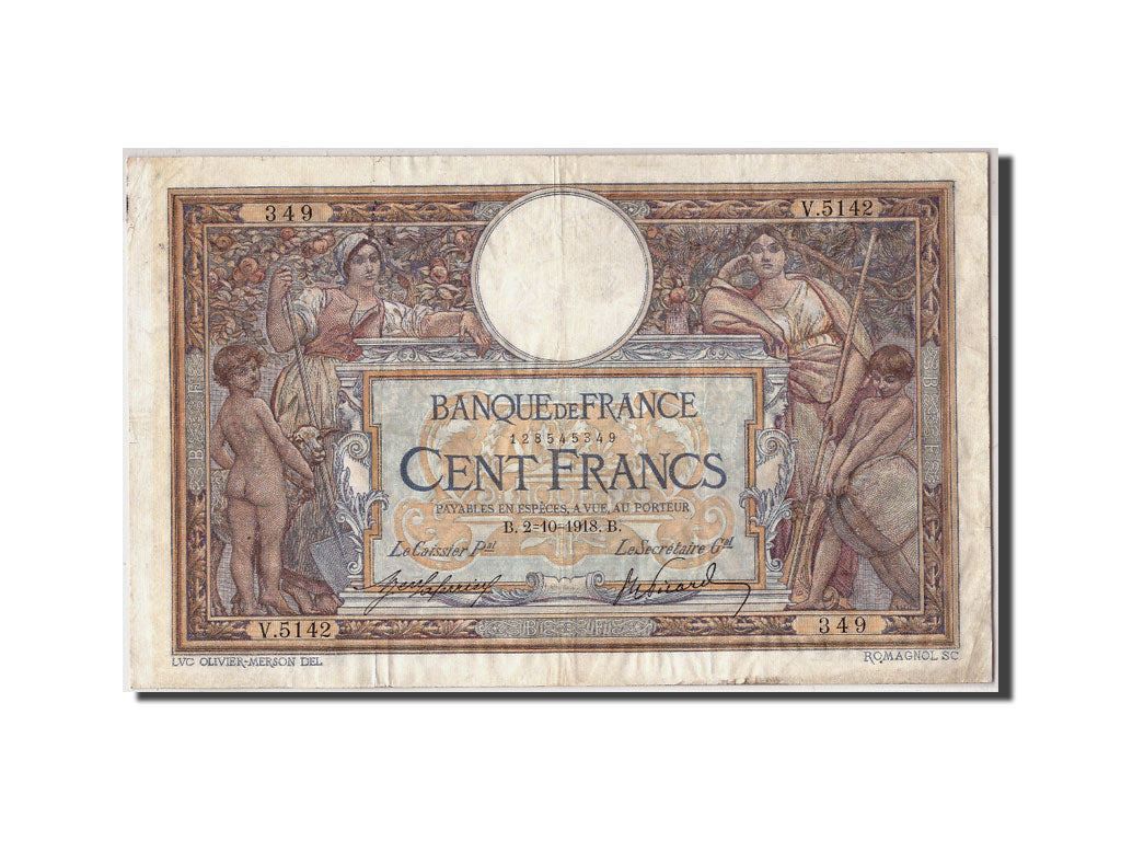 Francia, 100 Francs, 100 F 1908-1939 ''Luc Olivier Merson'', 1918, KM:71a, 19...